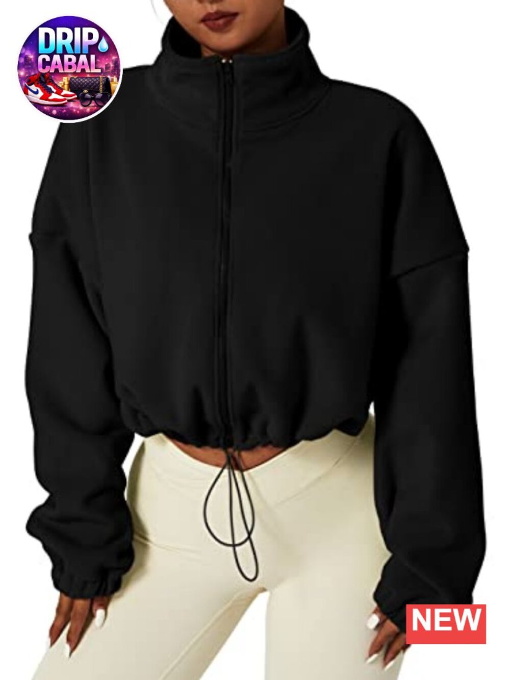 QINSEN Fleece Crop Jacket Full Zip Stand Collar Winter Coat